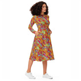 Inela Flower Power Retro Long Sleeve Fit & Flare Midi Dress Psychedelic Paisley Floral Red Yellow Orange Vibrant Bold Plus Size Pockets Round Neck